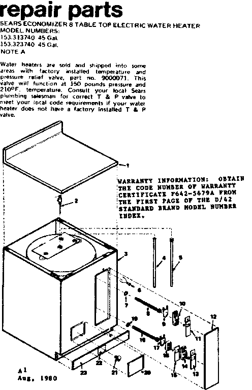 8 Table Top Electric Water Heater Diagram and Parts List for 153313740  Kenmore Water Heater