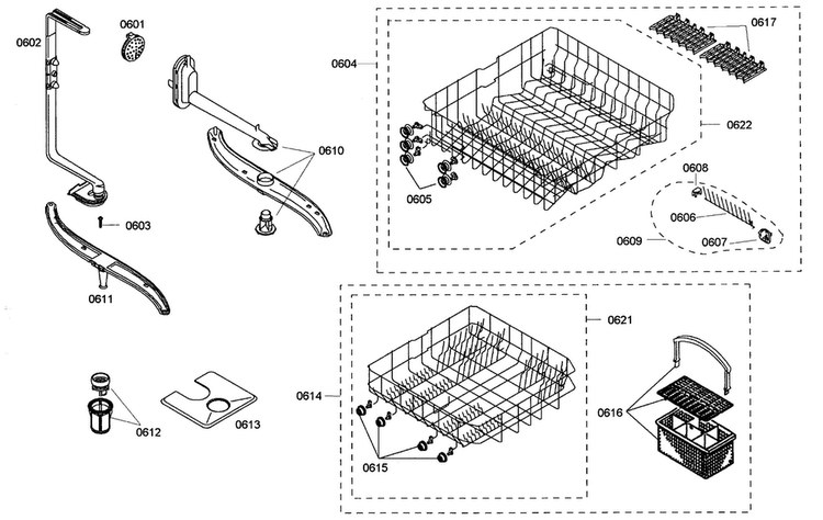 Racks Assy Diagram and Parts List for SHX43M05UC 48 Bosch Dishwasher