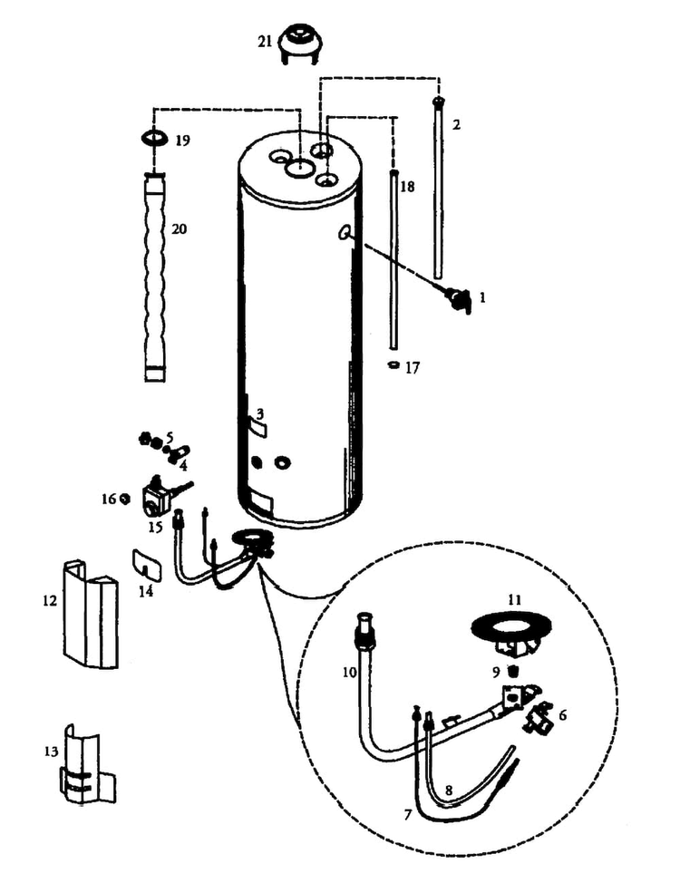 Main Assembly Diagram and Parts List for 153336412  Kenmore Water Heater