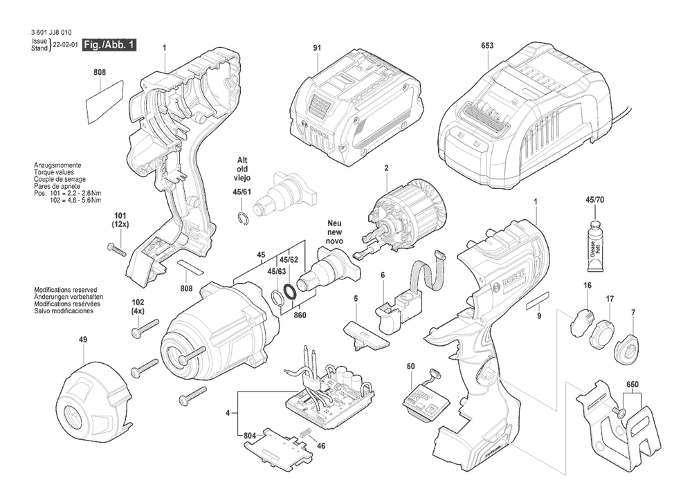 Section 1 Diagram and Parts List for 3601JJ8010  Bosch Wrench