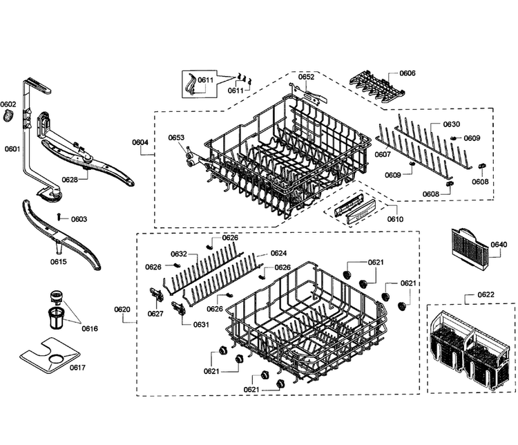 Baskets Diagram and Parts List for SHE55C05UC 58 Bosch Dishwasher