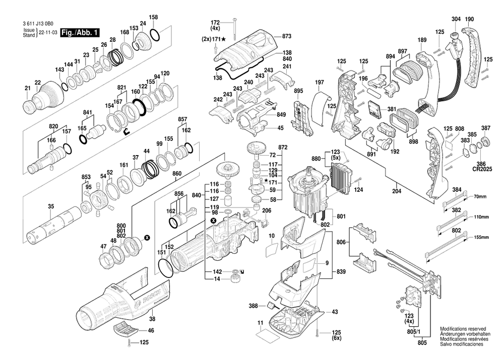 Diagram 1 Diagram and Parts List for GBH18V-45C 3 611 J13 0B0 Bosch Hammer Drill
