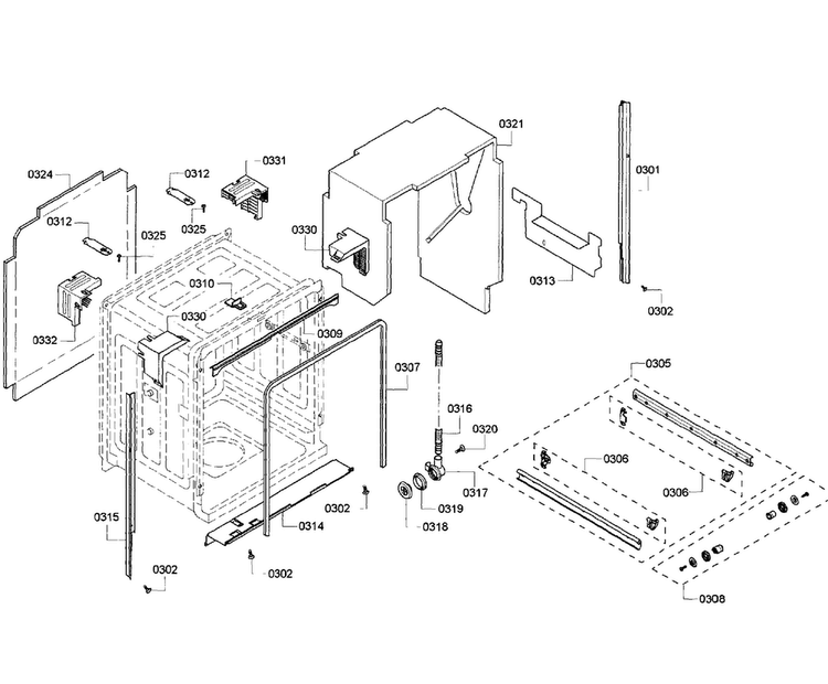 Cabinet Diagram and Parts List for SHV68R53UC 63 Bosch Dishwasher