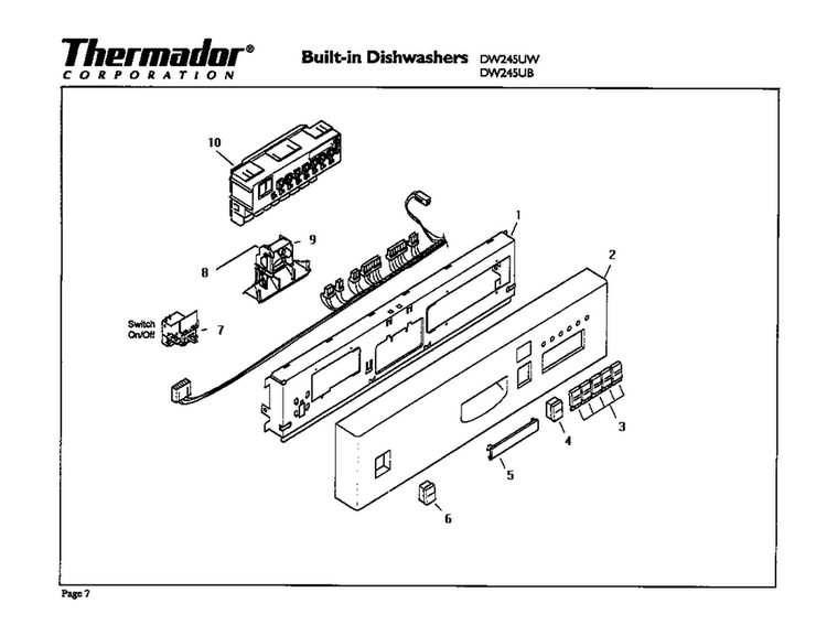 Control Panel Diagram and Parts List for DW245UB  Thermador Dishwasher