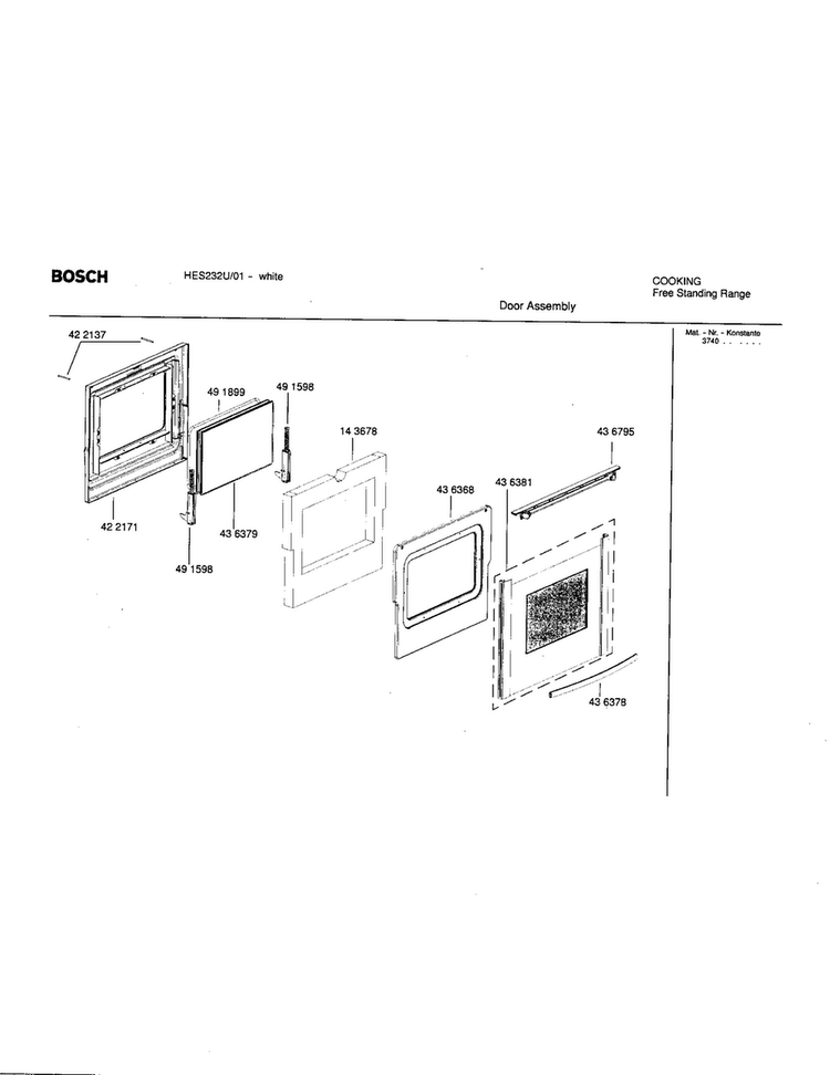 Door Assembly Diagram and Parts List for HES232U 01 Bosch Range