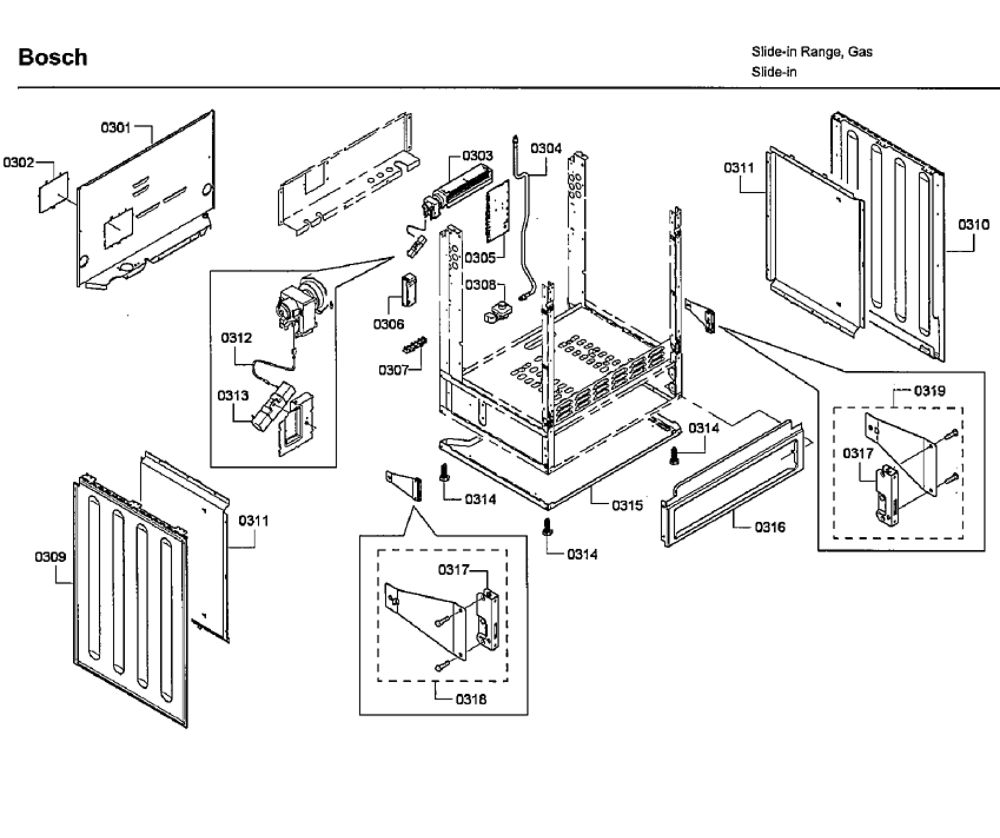 Cabinet Diagram and Parts List for HDI7282U 04 Bosch Range