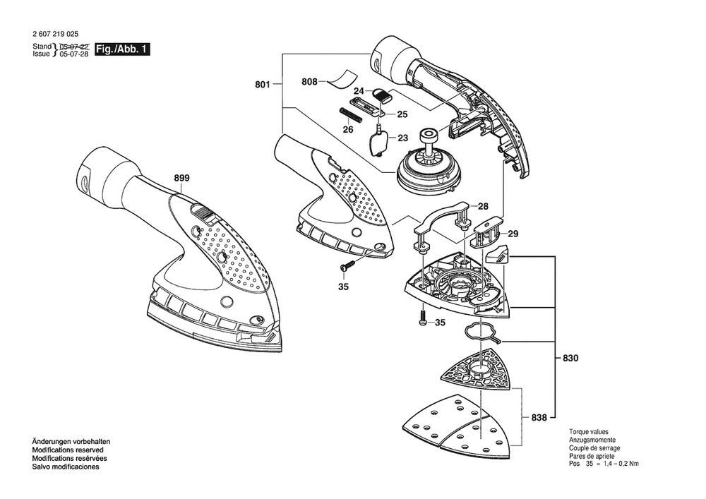 Section 1 Diagram and Parts List for PSM1400 2607219025 Bosch Orbital or Palm Sander