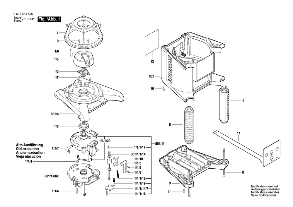 Diagram 1 Diagram and Parts List for GRL250HV 3 601 K61 602 Bosch Laser Level