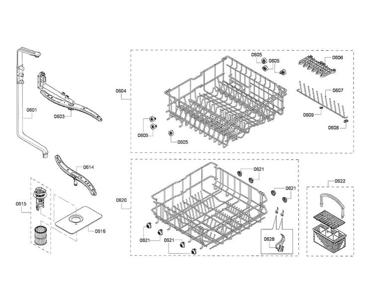 Racks/spray Arm Diagram and Parts List for SHX4AP05UC 02 Bosch Dishwasher