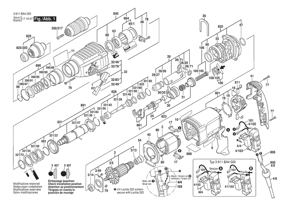Section 1 Diagram and Parts List for GBH2-26F 3611BA4090 Bosch Hammer Drill