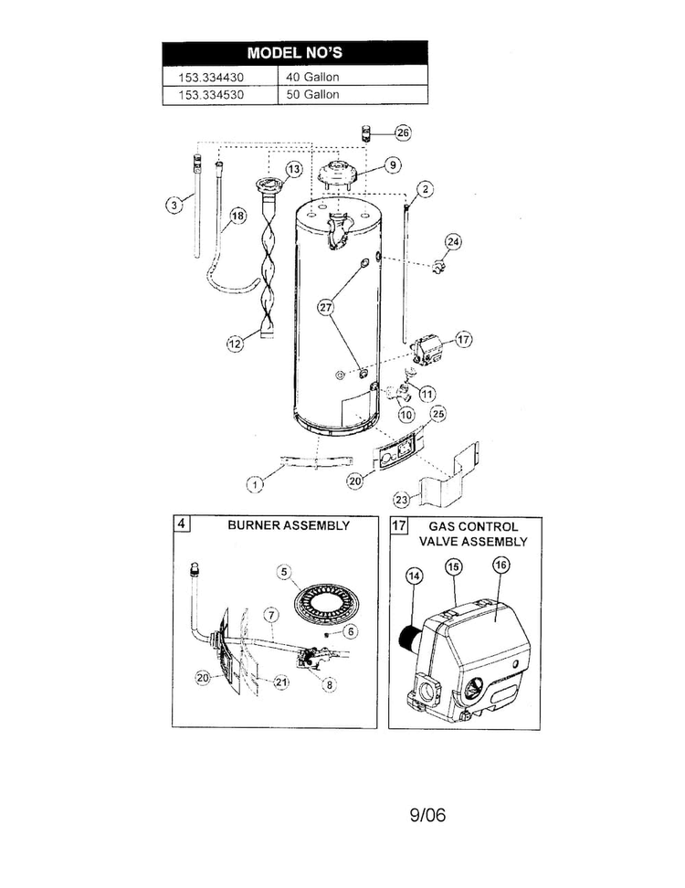 Gas Heater Diagram and Parts List for 153334530  Kenmore Water Heater