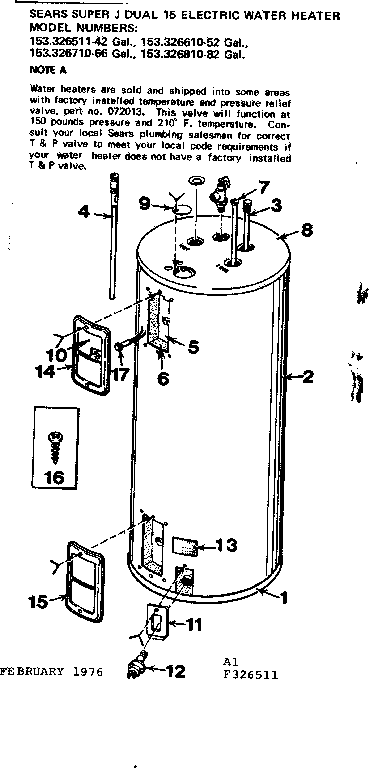 Non-functional Replacement Parts Diagram and Parts List for 153326610  Kenmore Water Heater