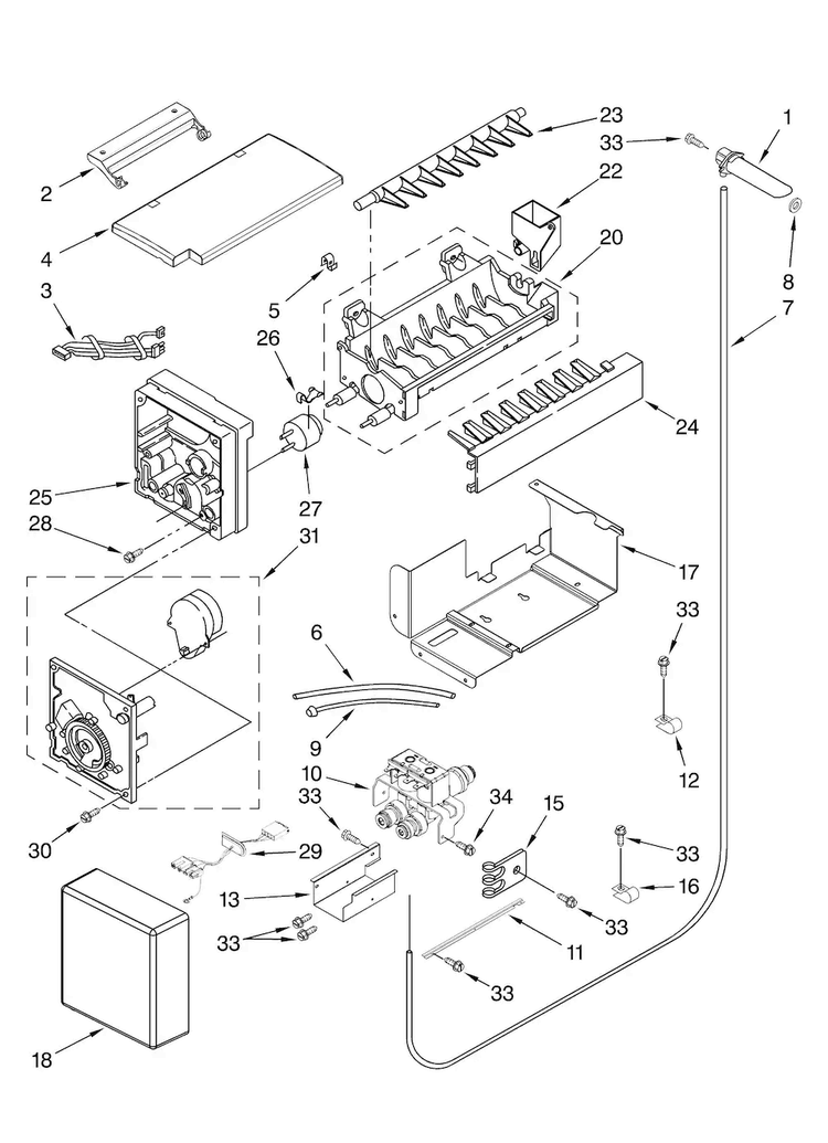Icemaker Parts Diagram and Parts List for KBUDT4265E 04 Thermador Refrigerator