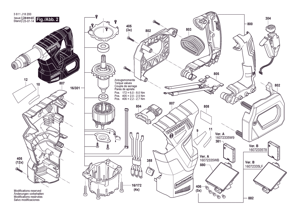 Figure 13 Diagram and Parts List for 3611J182E0 GSH 18V-5 Bare Bosch Demolition Hammer