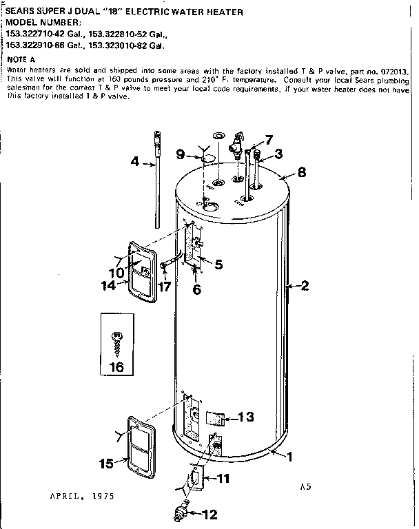 Non-functional Replacement Parts Diagram and Parts List for 153322810  Kenmore Water Heater