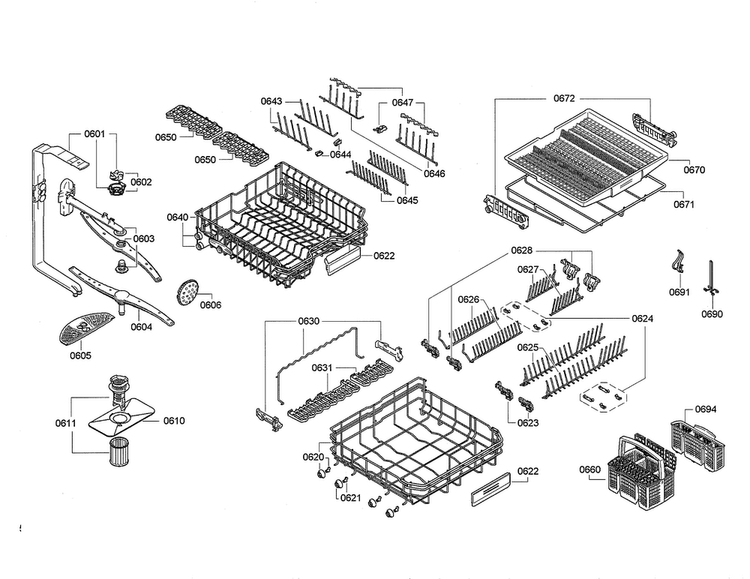 Racks/spray Arm Diagram and Parts List for SHX9ER55UC 01 Bosch Dishwasher