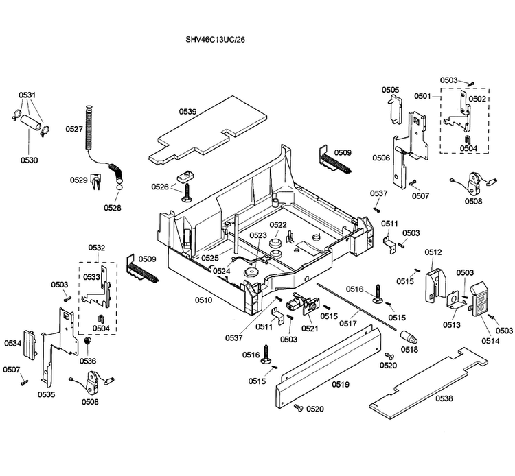 Base Assy Diagram and Parts List for SHV46C13UC 26 Bosch Dishwasher