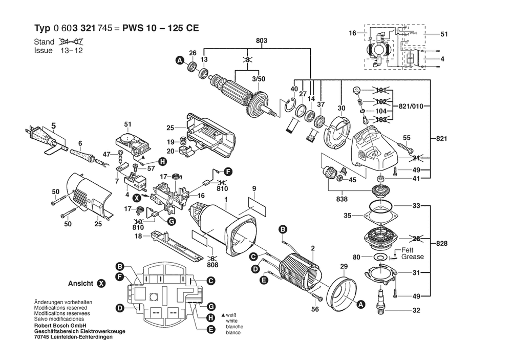 Section 1 Diagram and Parts List for PWS10-125CE 0603321745 Bosch Angle Grinder