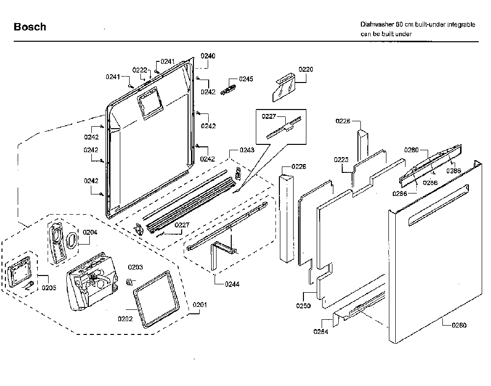 Door Diagram and Parts List for SHP88PW55N 01 Bosch Dishwasher