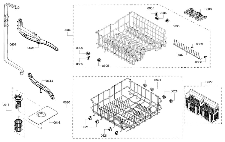 Rack Diagram and Parts List for SHE3AR56UC 18 Bosch Dishwasher