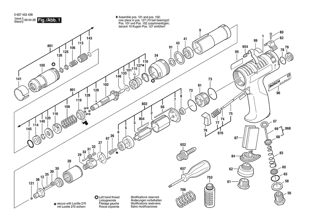 Section 1 Diagram and Parts List for 180WSSR7-600 0607453438 Bosch Screwdriver