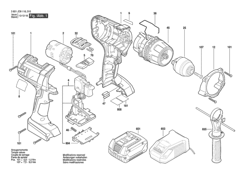 Section 1 Diagram and Parts List for HDH181X-01 3601JD9310 Bosch Hammer Drill