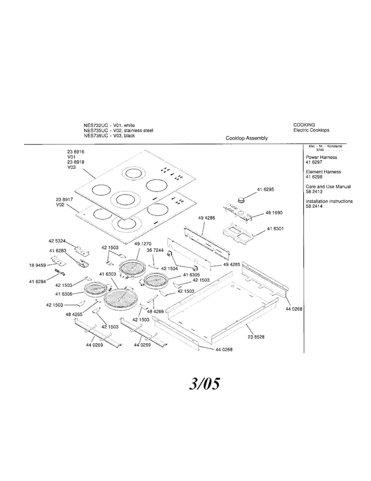 Electric Cooktop Diagram and Parts List for NES736UC 01 Bosch Cooktop