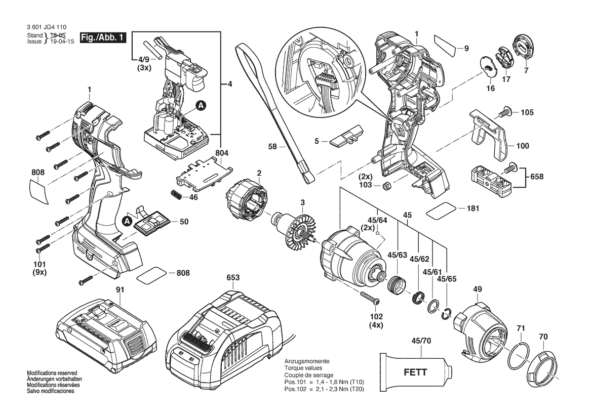 Figure 1 Diagram and Parts List for 3601JG4110 GDR 18V-1800C Bosch Wrench