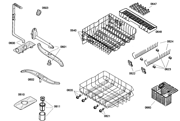 Baskets Diagram and Parts List for SRV53C13UC 01 Bosch Dishwasher