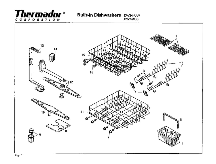 Racks/spray Arm Assy Diagram and Parts List for DW244UW  Thermador Dishwasher