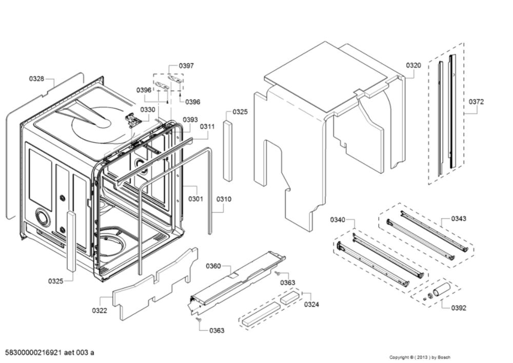 Tub/Seal/Trim Diagram and Parts List for SHXM78Z55N 01 Bosch Dishwasher