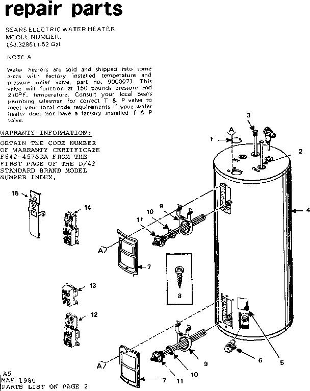 Replacement Parts Diagram and Parts List for 153328611  Kenmore Water Heater