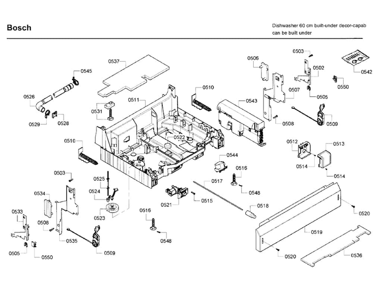 Base Diagram and Parts List for SHE65P05UC 63 Bosch Dishwasher