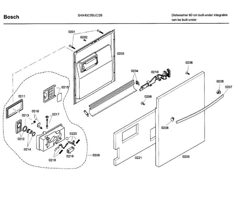 Door Asy Diagram and Parts List for SHX43C05UC 26 Bosch Dishwasher