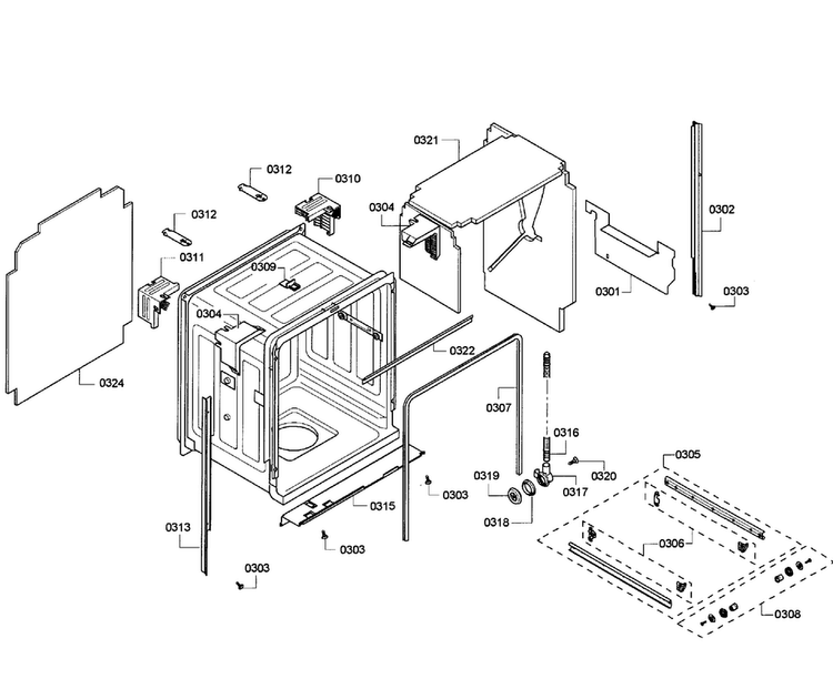 Cabinet Diagram and Parts List for SHE55C05UC 64 Bosch Dishwasher