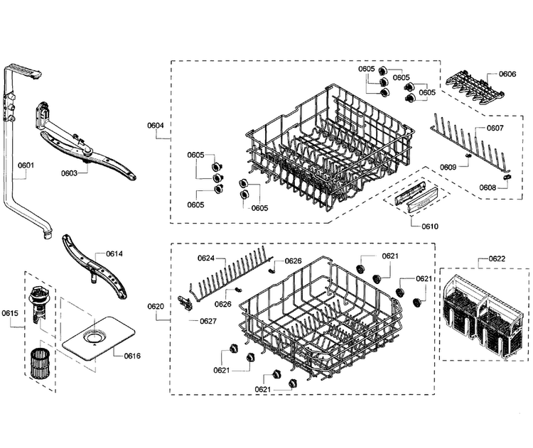 Baskets Diagram and Parts List for SHX3AR72UC 07 Bosch Dishwasher