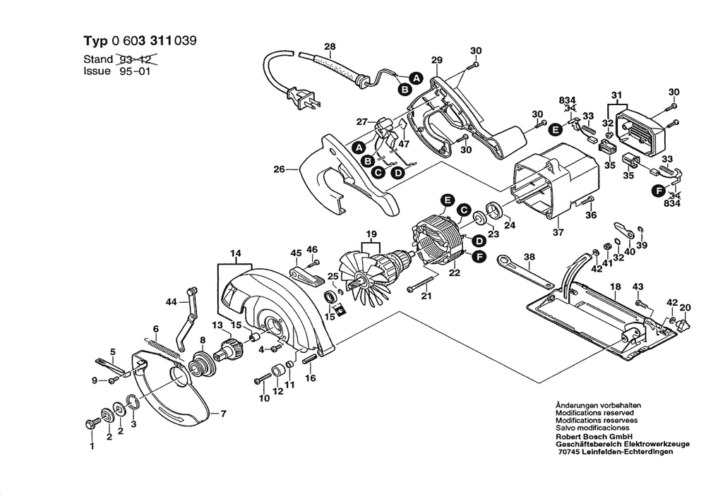 Section 1 Diagram and Parts List for 0603311039  Bosch Circular Saw