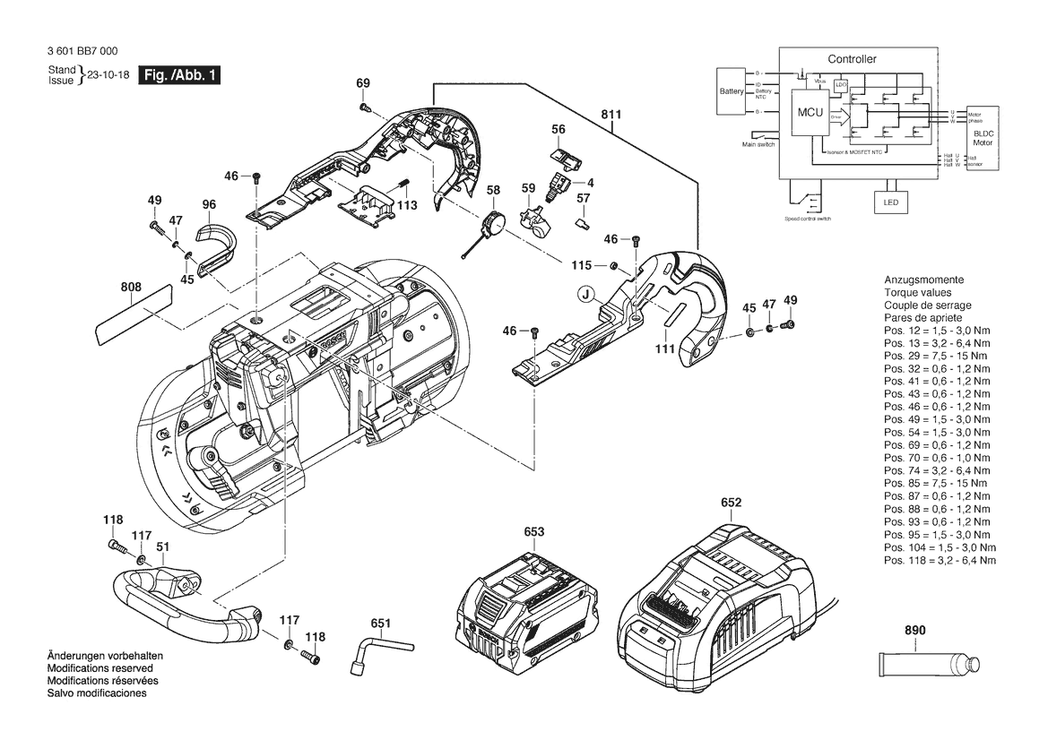 Figure 1 Diagram and Parts List for 3601BB7010 GCB18V-5 Bosch Band Saw