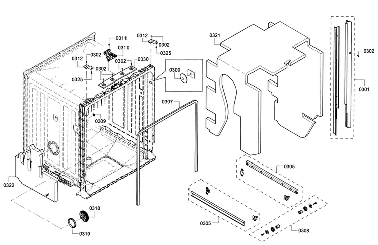 Frame Diagram and Parts List for SHE3ARF6UC 14 Bosch Dishwasher