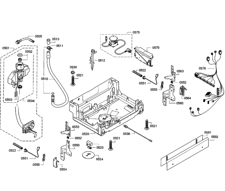 Base Assy Diagram and Parts List for SGE63E15UC 50 Bosch Dishwasher