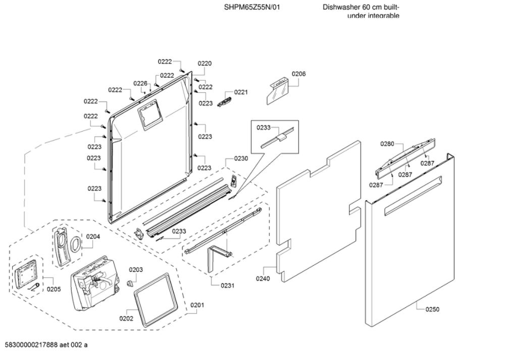 Door/Dispenser Diagram and Parts List for SHPM65Z55N 01 Bosch Dishwasher