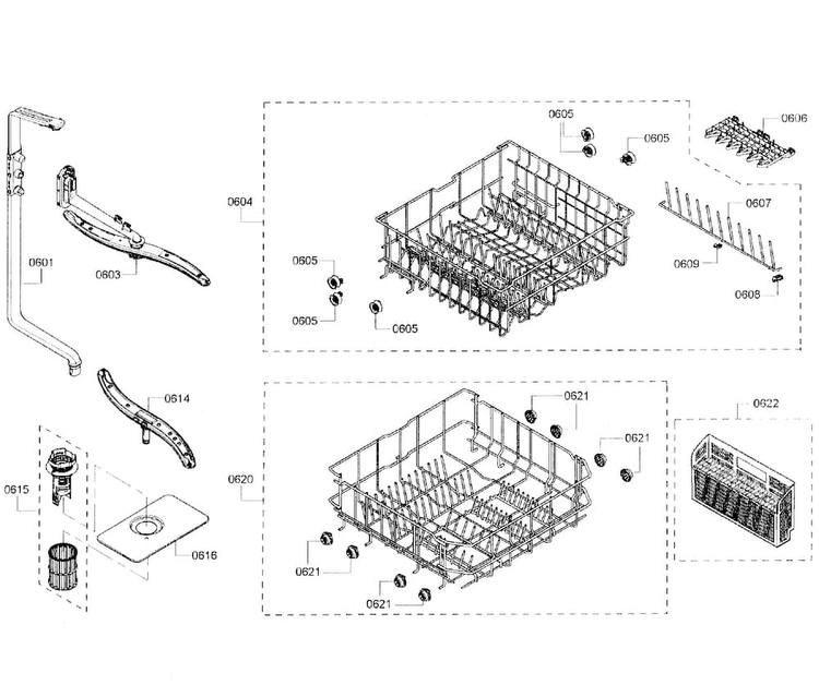 Baskets Diagram and Parts List for SHE3AR56UC 06 Bosch Dishwasher