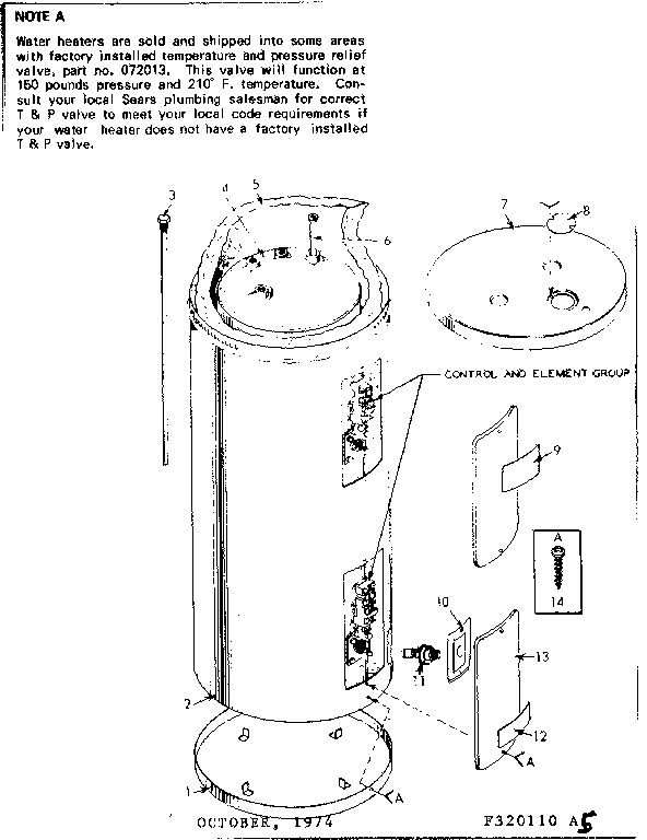 Non-functional Replacement Parts Diagram and Parts List for 153320110  Kenmore Water Heater