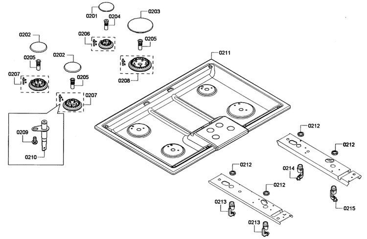 Burners Diagram and Parts List for NGM3054UC 01 Bosch Cooktop