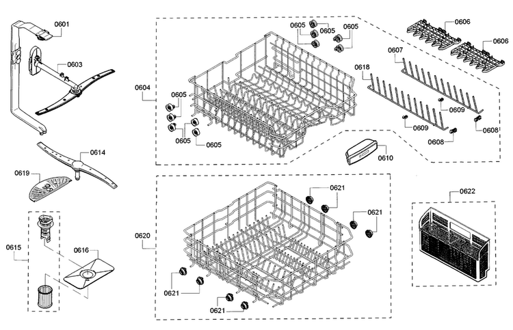 Rack Diagram and Parts List for SHX53T55UC 07 Bosch Dishwasher