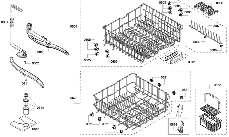 Baskets Diagram and Parts List for SHE33P02UC 56 Bosch Dishwasher