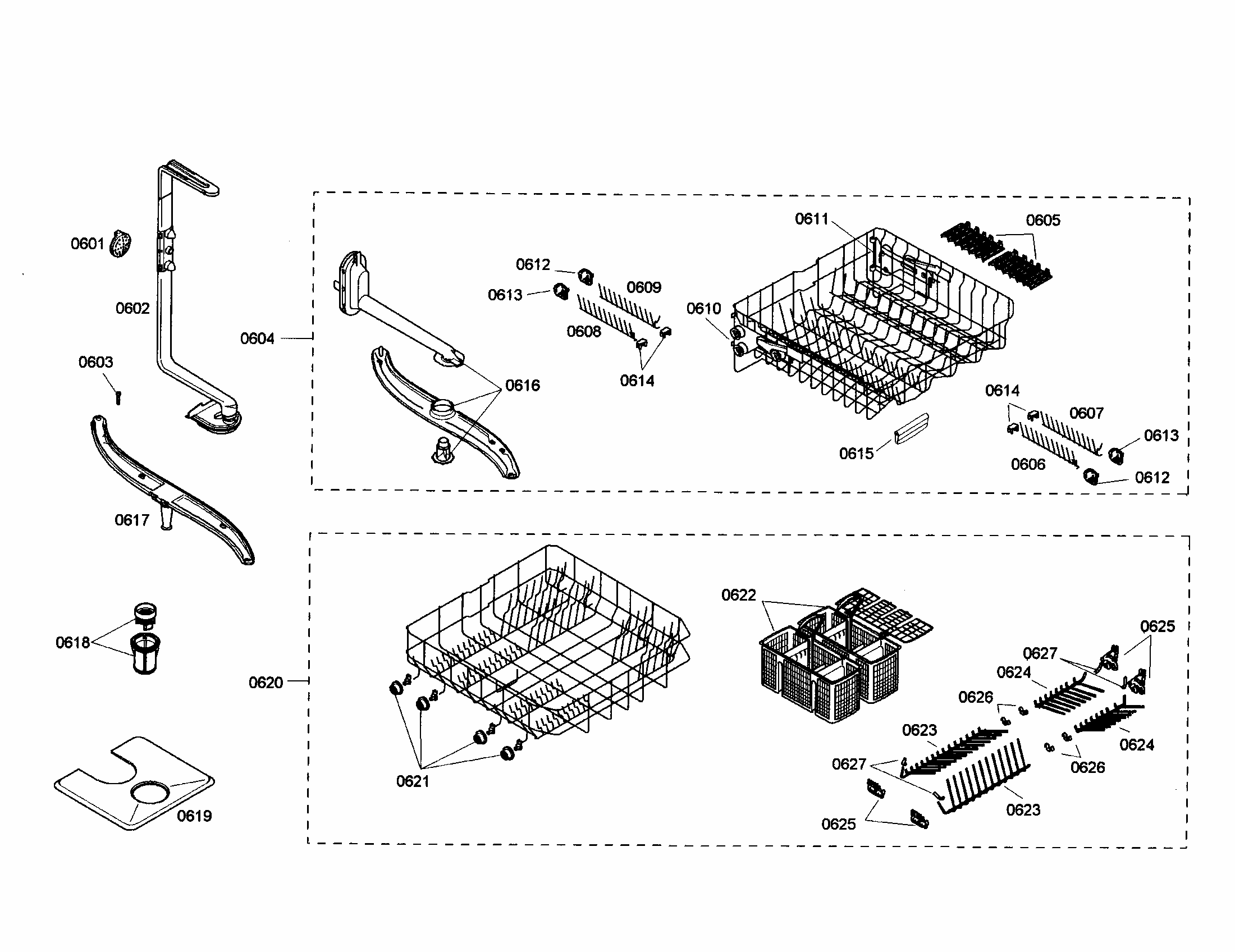 Racks/spray Arm Diagram and Parts List for S35KMK17UC 27 Bosch Dishwasher