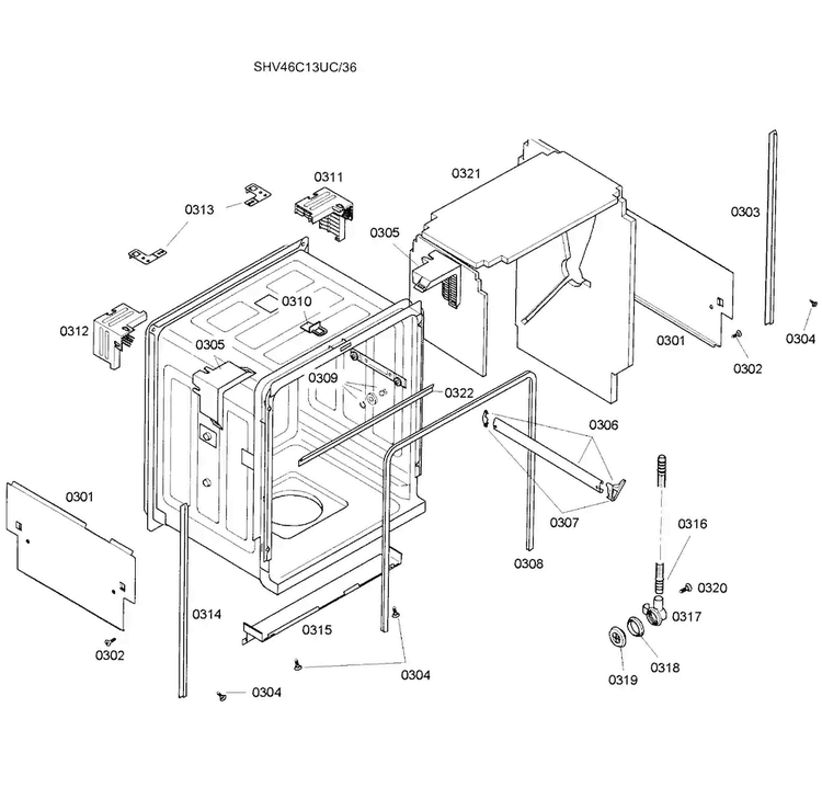 Cabinet Assy Diagram and Parts List for SHV46C13UC 36 Bosch Dishwasher