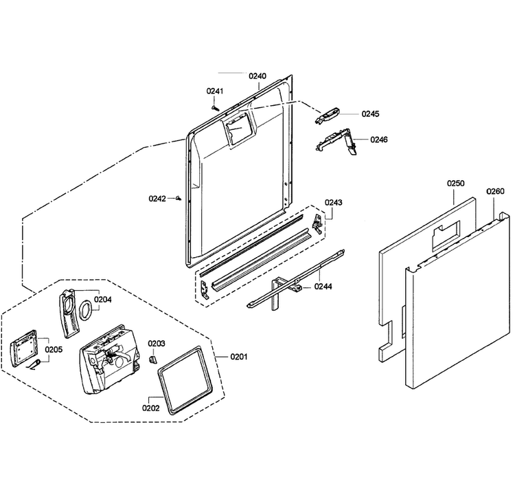 Door Assy Diagram and Parts List for SGE63E06UC 28 Bosch Dishwasher