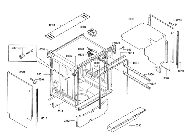 Cavity & Frame Diagram and Parts List for SGE63E15UC 87 Bosch Dishwasher
